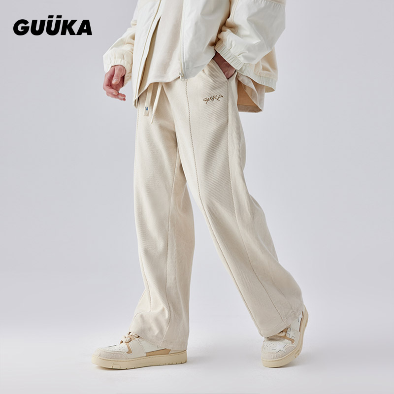 GUUKA 古由卡 米色灯芯绒拼接直筒裤 松紧抽绳运动休闲裤 185.15元（需买2件，