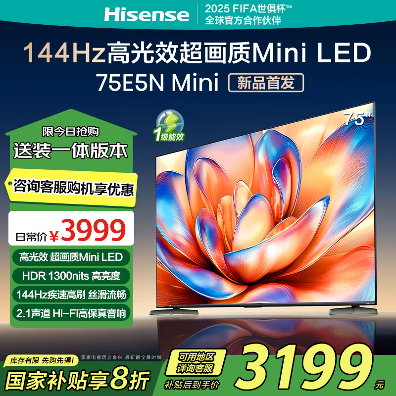 海信 Hisense 75E5N Mini 液晶电视 75英寸 4K 固定挂架款 3999元