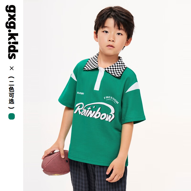 gxg.kids GXG童装24夏季儿童T恤中大童格纹polo领字母印花短袖t 绿色 140cm 90元（