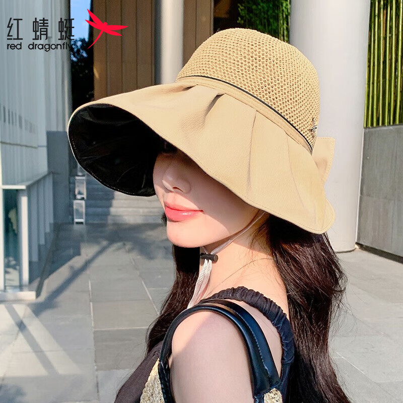 红蜻蜓 防晒空顶帽子女夏季韩版遮阳帽骑车遮脸防紫外线显脸小镂空太阳帽