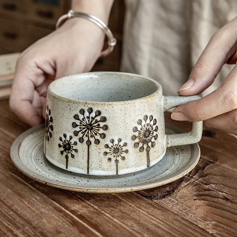 YOUCCI 悠瓷 蒲公英粗陶拿铁杯子家用陶瓷咖啡杯碟套装日式复古下午茶茶具 