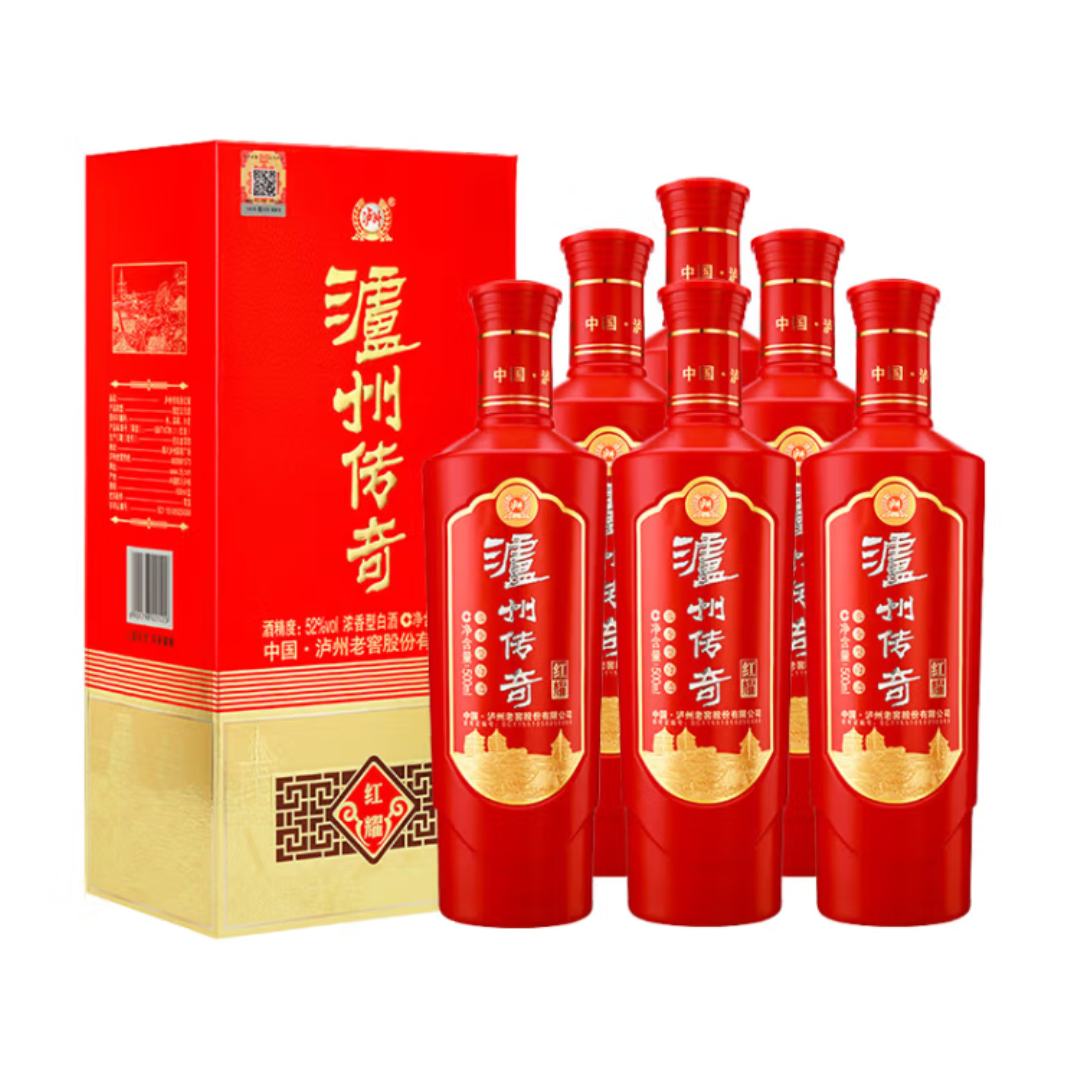 plus会员:泸州老窖 泸州传奇 红耀 52度浓香型白酒 500ml*6瓶装整箱 263.32元（需