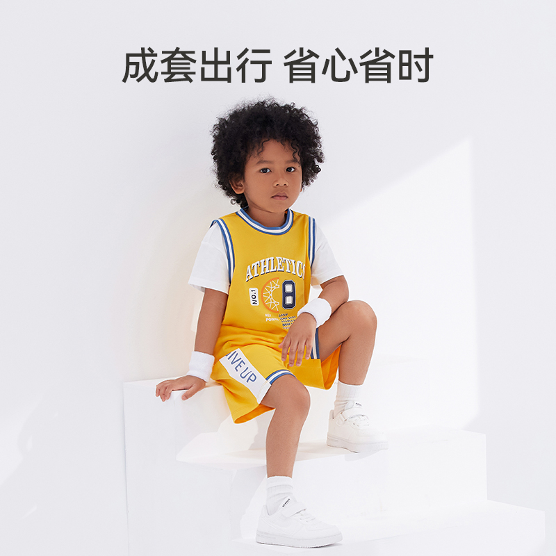 YeeHoO 英氏 儿童篮球服套装运动帅气夏男童2023新款宝宝学院风短袖两件套 157