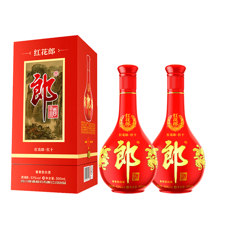 PLUS会员:郎酒红花郎10 第四代陈酿53度酱香型白酒 500mL 2瓶 含礼品袋 493元（