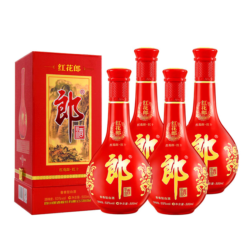 移动端、京东百亿补贴：LANGJIU 郎酒 红花郎10 53度 酱香型白酒 500mL*4瓶 1996元