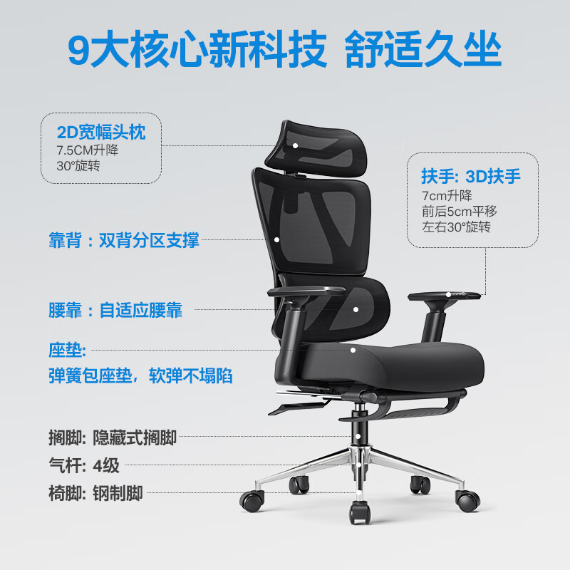 UE 永艺 MC-1151E 沃克PRO 人体工学电脑椅 黑色 带搁脚款 469元（双重优惠）
