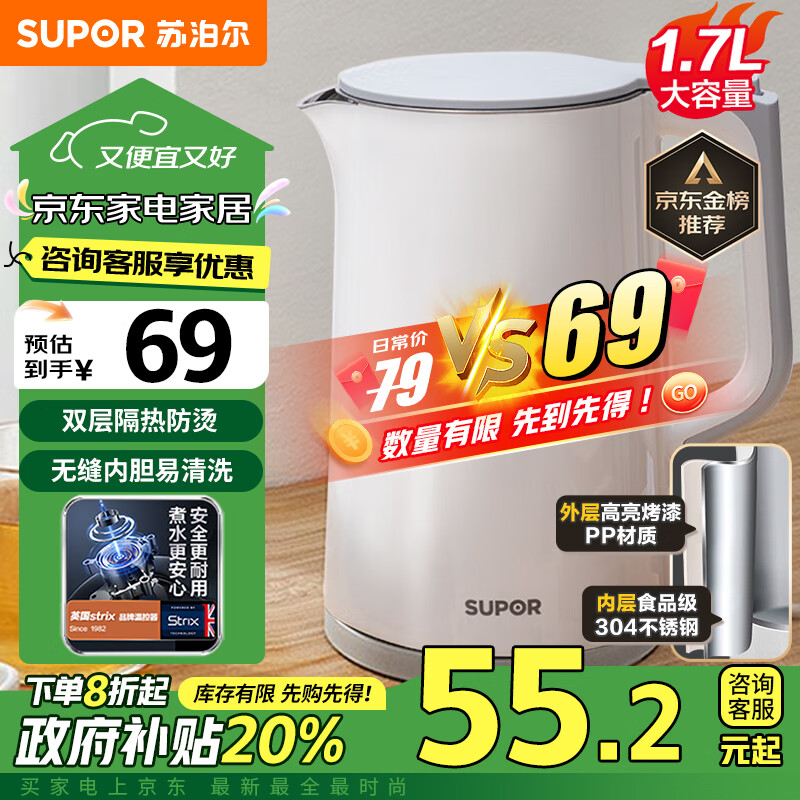 SUPOR 苏泊尔 SW-17T12C 保温电水壶 1.7L 白灰色 ￥50.98