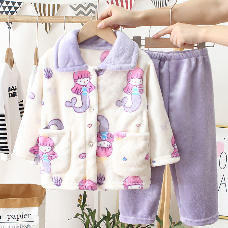 女童加厚法兰绒睡衣秋冬套装 41.34元