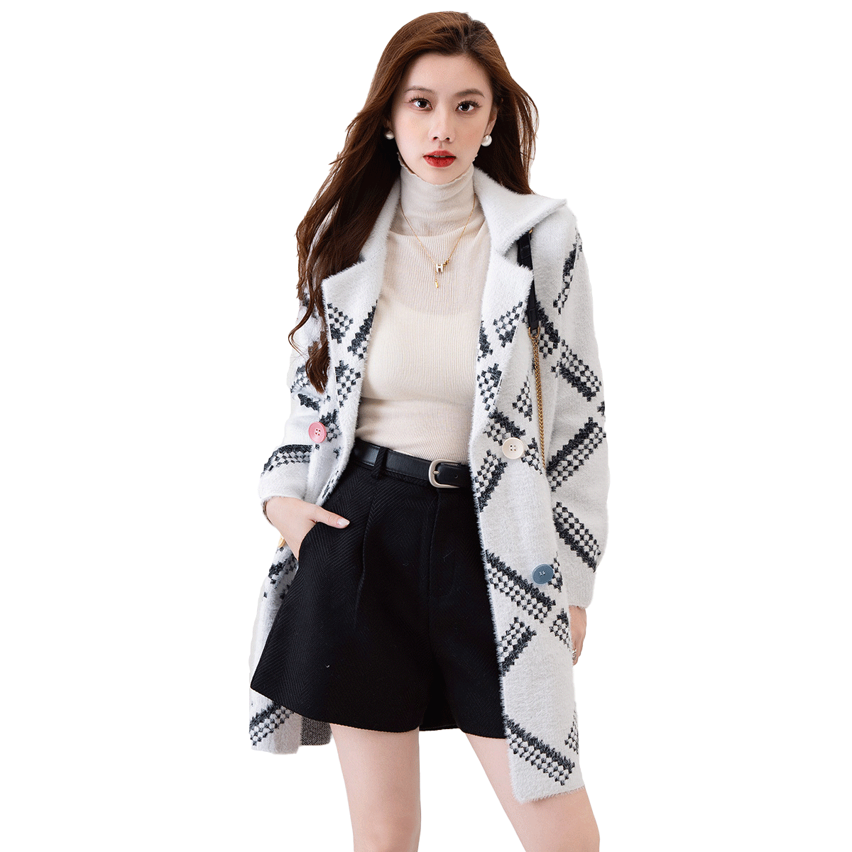 黎姿 时尚格子仿貂绒大衣女装春秋中长宽松保暖减龄百搭休闲外套风衣 134