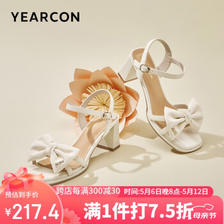 YEARCON 意尔康 女鞋蝴蝶结透气凉鞋一字带粗跟高跟鞋29412W 米白 36 174.44元（
