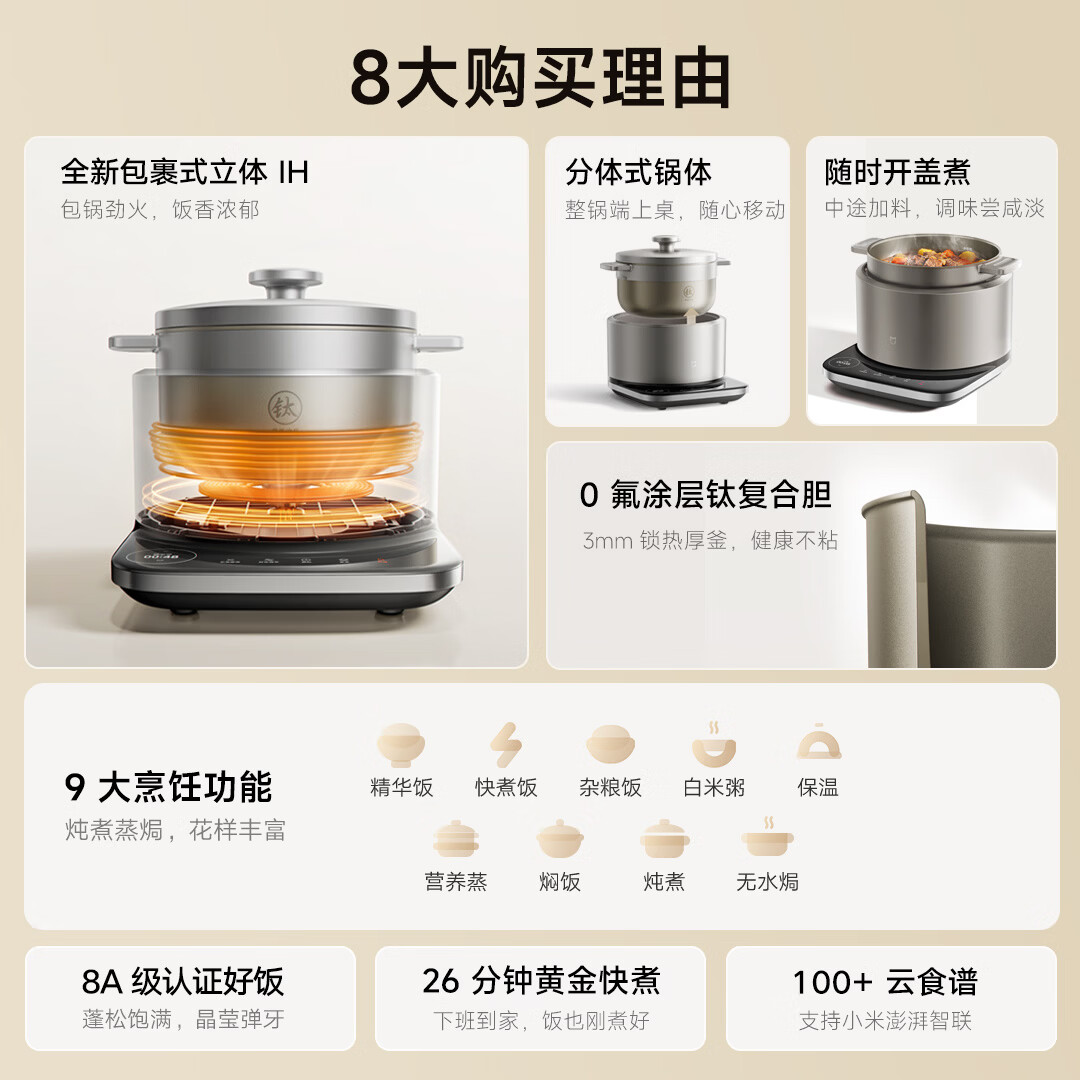 米家 智能分体式电饭煲 IH立体加热 0氟涂层钛复合胆 3L 629.6元 - 线报酷