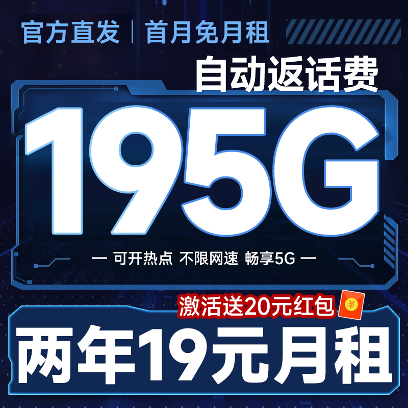 中国电信 畅享卡 两年19元月租（运营商自动返费+195G全国流量+首月免月租+