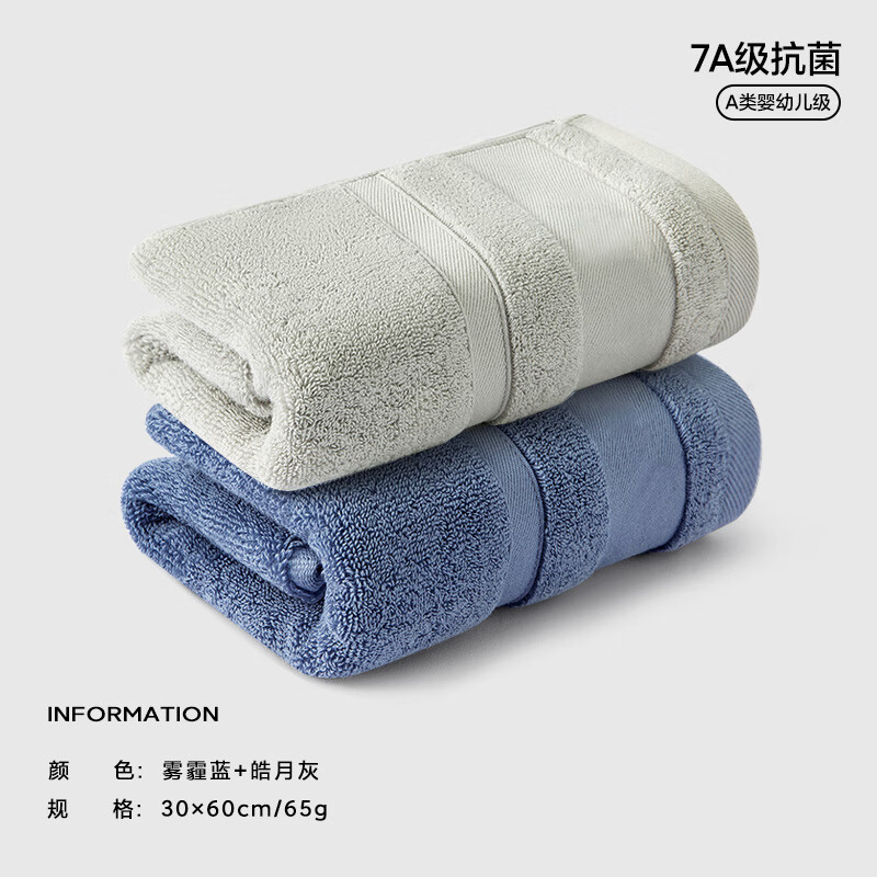 三利 纯棉毛巾 雾霾蓝+皓月灰7A抗菌100%纯棉 2条 14.9元（需用券）