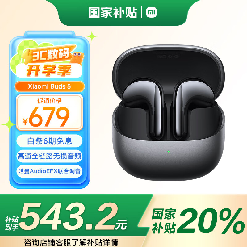 小米 Xiaomi Buds 5 半入耳式真无线主动降噪蓝牙耳机 月影黑 ￥540.49