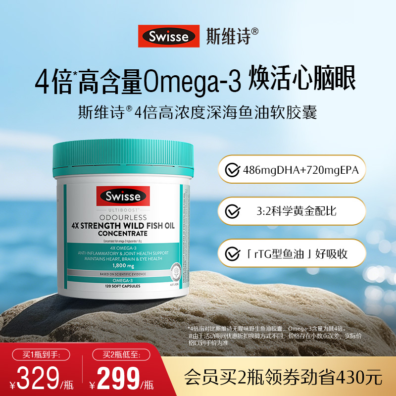 Swisse 斯维诗 omega-3 1500mg 无腥味高浓度野生鱼油胶囊 174元（需用券）