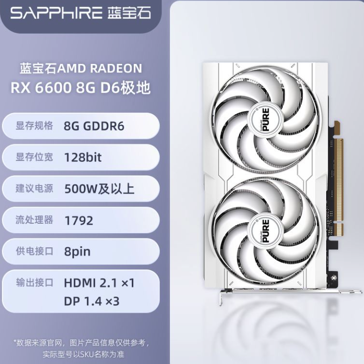 蓝宝石 RX6600 8G极地 游戏显卡 1489元