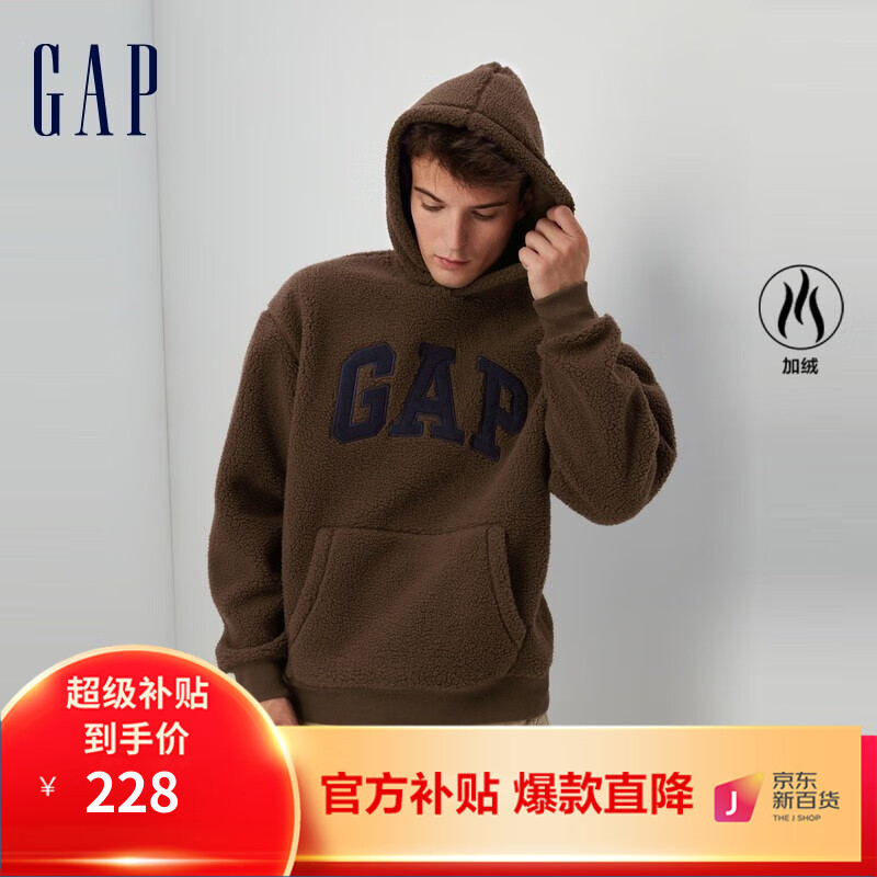 Gap 男女装秋冬LOGO仿羊羔绒落肩袖卫衣美式休闲保暖连帽衫807084 深棕色 119.15