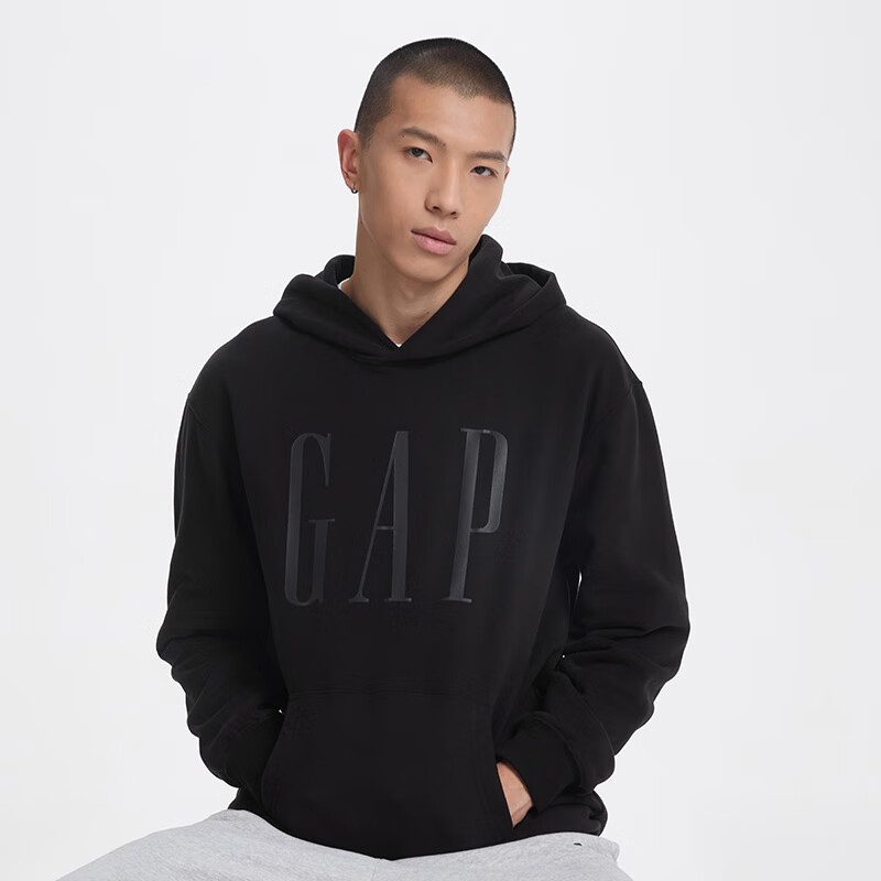 Gap 盖璞 Plus:Gap 新款字母logo印花连帽抓绒长袖口袋卫衣上衣609135 黑色 175/96A(