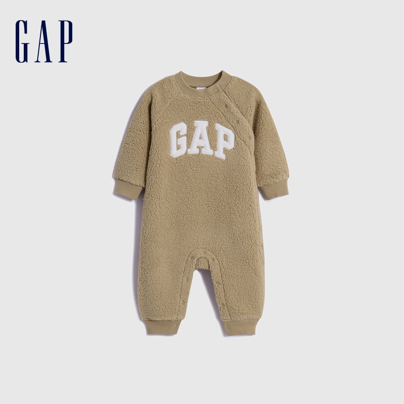 Gap 盖璞 婴儿冬季LOGO仿羊羔绒一体式连体衣儿童装洋气爬服788600 米色 90cm 118