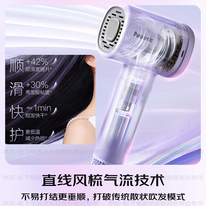 松下 Panasonic 负离子吹风机 家用静音高速电吹风大功率吹风筒 不伤头发速干圣诞空气发梳NE6M云雾紫 204.4元