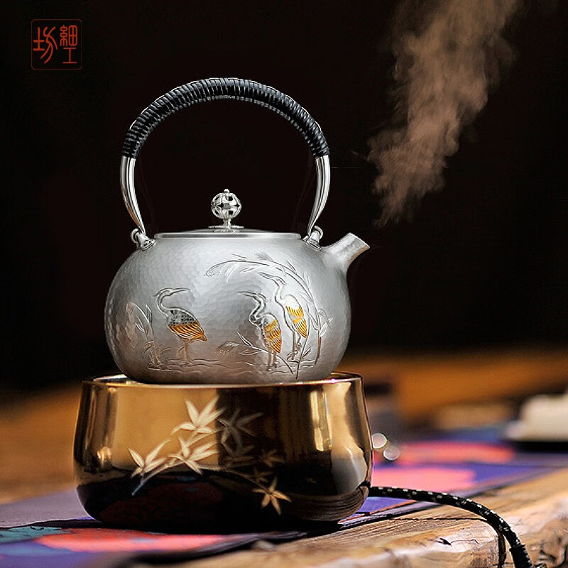 龙善堂 日本细工坊足银9999银壶烧水壶纯手工一张银口打出功夫茶具煮茶壶 