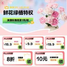 促销活动：京东 PLUS会员鲜花特权 每月尊享一次 9.9包邮定制鲜花/绿植 玫瑰