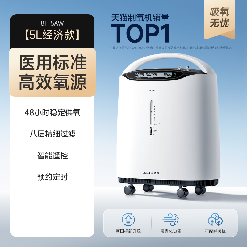 yuwell 鱼跃 制氧机家用医用级5L6L吸氧机老人孕妇用雾化一体7F-6W 2590元（需用