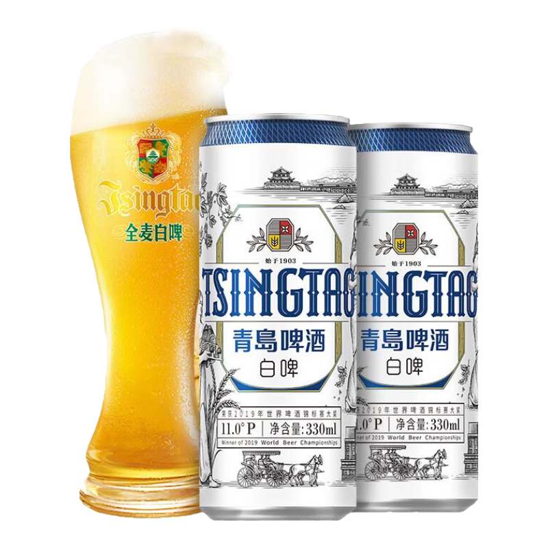 TSINGTAO 青岛啤酒 白啤11度全麦白啤 330mL 24罐（送福禧双至500ml*4罐） 86.72元（