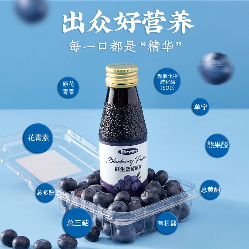 ileven 官方正品蓝莓原浆 大兴安岭野生蓝莓汁玻璃瓶nfc果汁花青素 64.35元