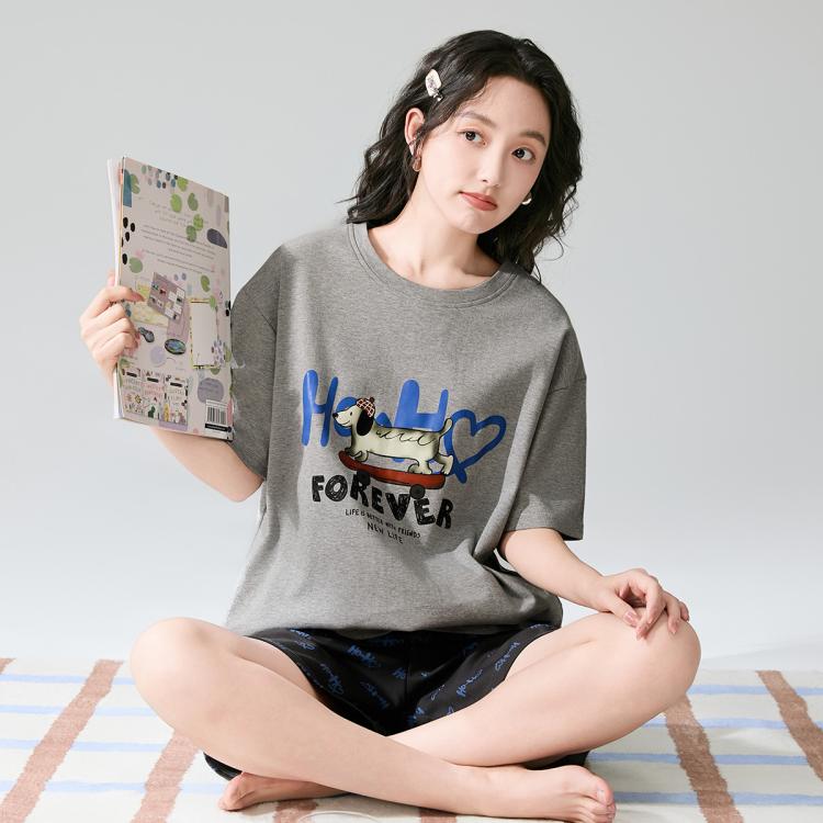 芬腾 夏季薄款舒适圆领落肩透气睡衣女士家居服套装 71元