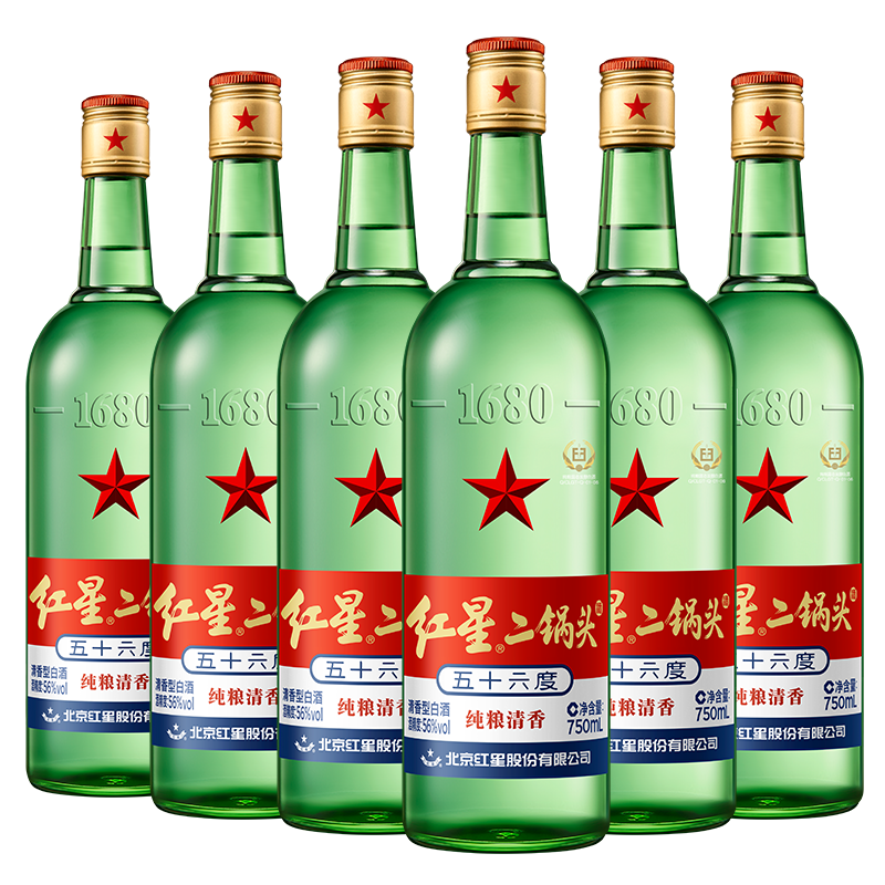 PLUS会员、京东百亿补贴：红星 Red Star 大二锅头 56﹪vol 清香型白酒 750ml*6瓶 