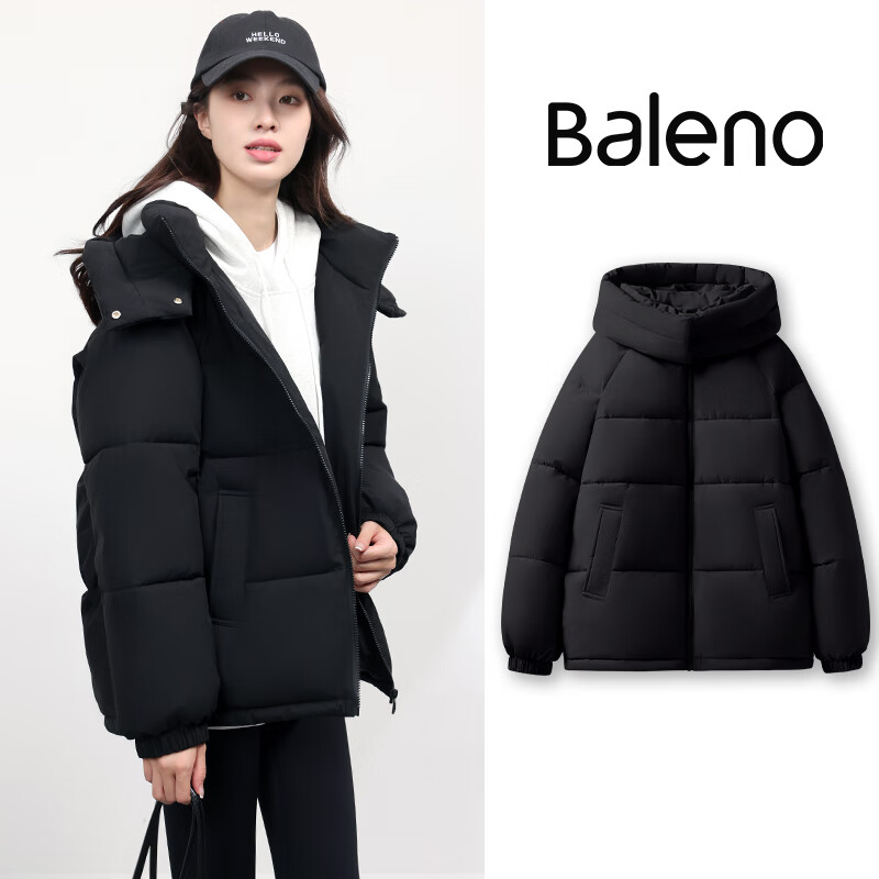 plus会员：Baleno 班尼路 冬季连帽棉服女 高级感棉袄 黑-纯色 S 112.37元 包邮 