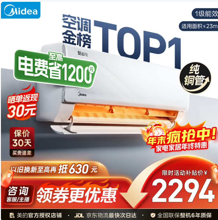 美的 酷省电系列 KFR-35GW/N8KS1-1 新一级能效 壁挂式空调 1.5匹 2236.47元（需用