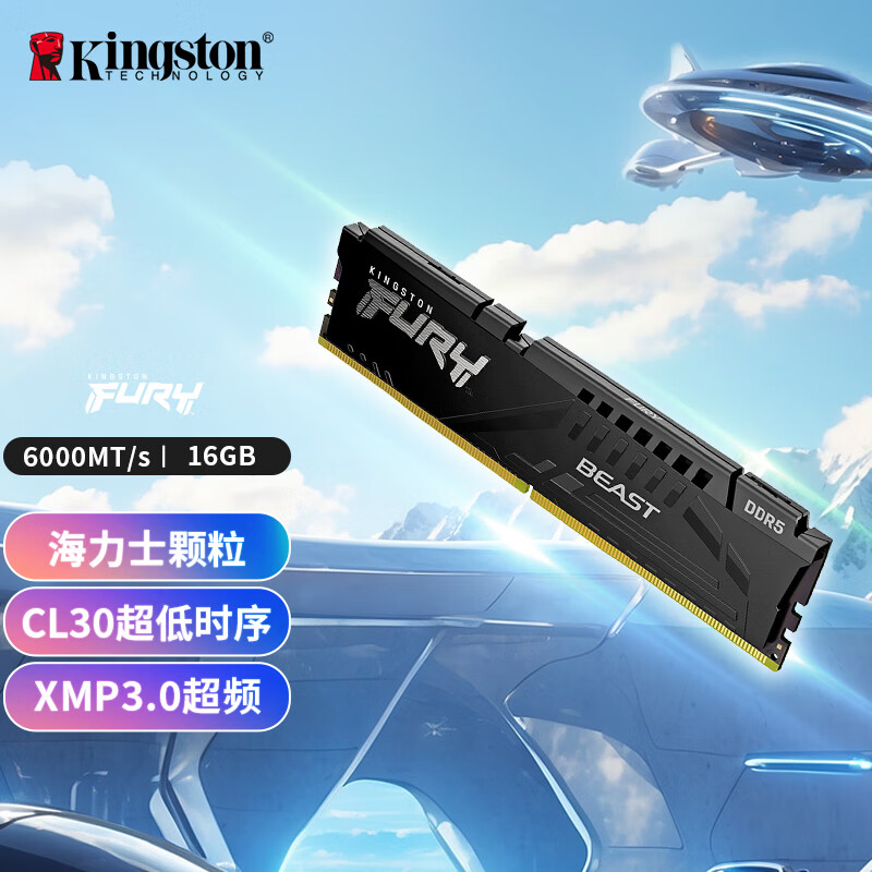 金士顿 FURY Beast超级野兽系列 DDR5 6000MHz 台式机内存 马甲条 黑色 16GB CL30 ￥42