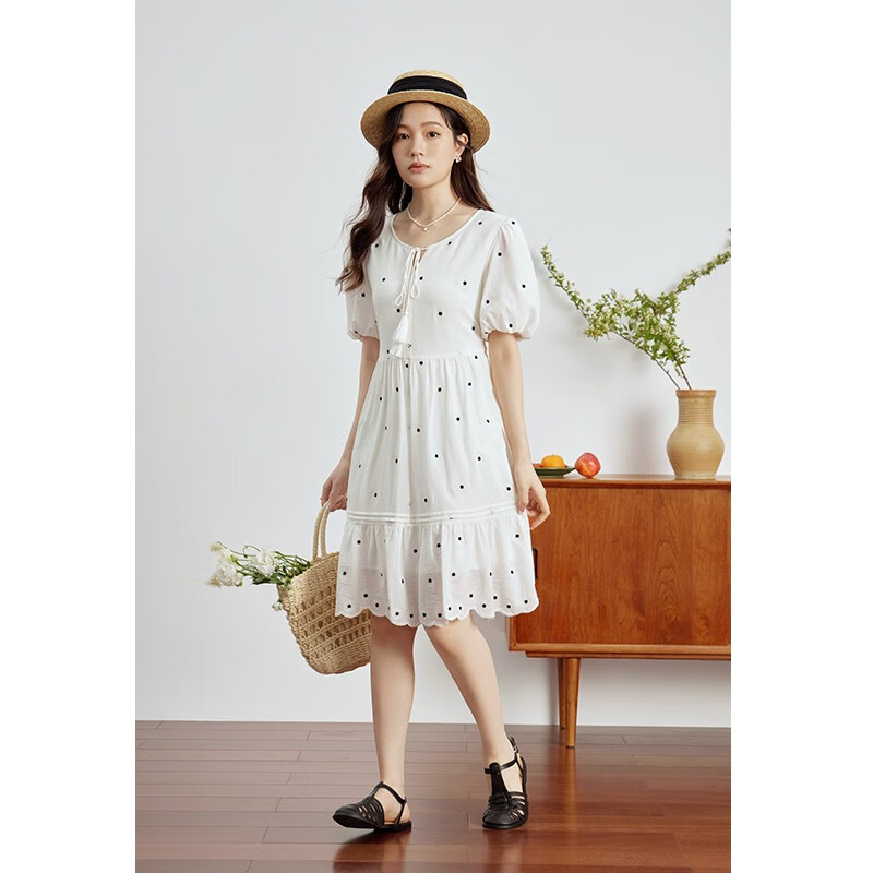 独束 大码女装甜美优雅收腰显瘦连衣裙女夏装微胖mm圆领茶歇裙 月光白 L 119