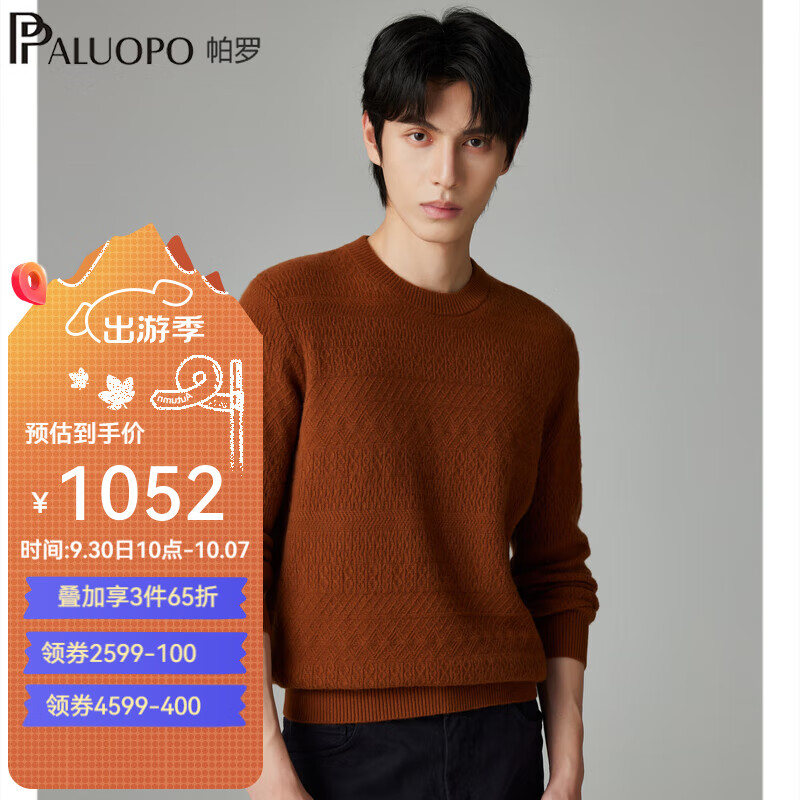 PALUOPO 帕罗 2024秋冬纯羊绒衫男圆领套头复古提花休闲保暖厚款针织毛衣 浅