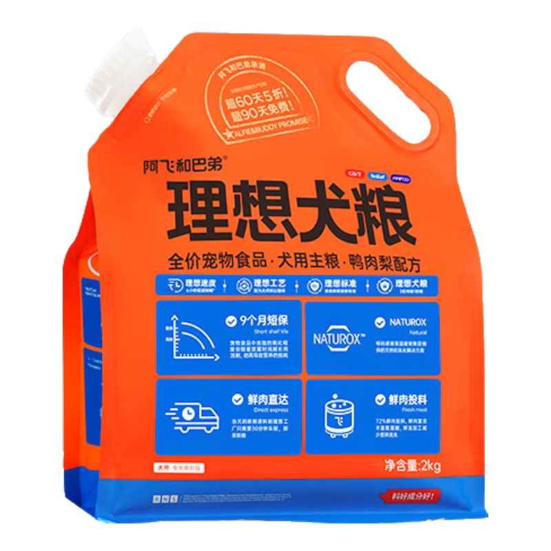 plus，需凑单：阿飞和巴弟 理想犬粮 全价鸭肉梨狗粮 2kg*4件 199.8元(凑单后43.