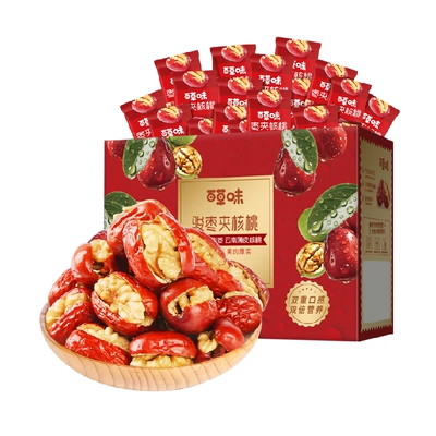 再降价：百草味 枣夹核桃礼盒 408g 约60包尝鲜装 8.6元+1.6元淘金币