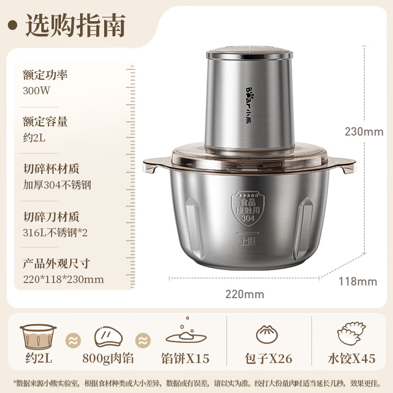 小熊 绞肉机家用 辅食机婴儿绞馅机碎肉机打蒜器电动搅肉机约2L钢碗双刀QSJ