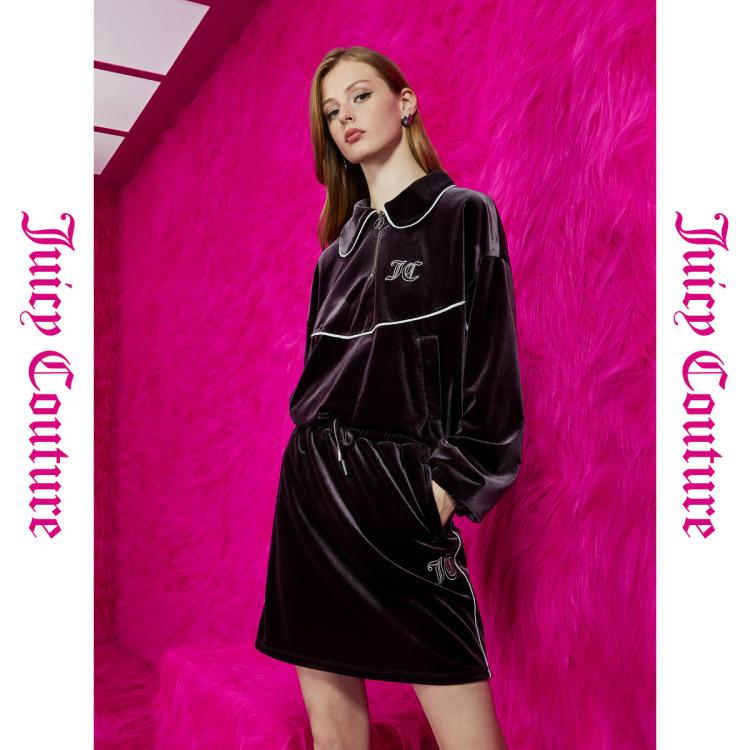 Juicy Couture 橘滋 紫夜星点logo刺绣丝绒半截裙 102元