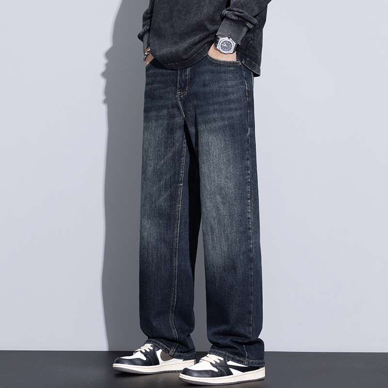 移动端：KUVINE 秋冬季美式怀旧复古牛仔裤男款加绒加厚高街宽松直筒长裤子