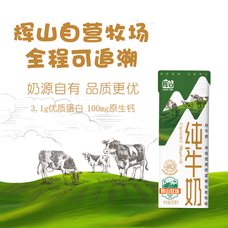 补充蛋白质、今日必买：Huishan 辉山 纯牛奶 全脂纯牛奶 200ml*24盒 26.5元