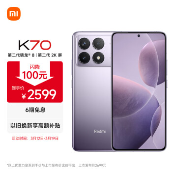 Redmi 红米 K70 5G手机 16GB+256GB 浅茄紫 ￥2536.01