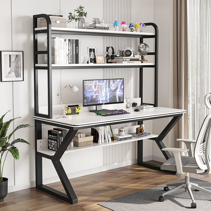 高梧桐 台式电脑桌 书架一体组合 长140cm*宽60cm*高170cm 黑架+条纹白 388元（需