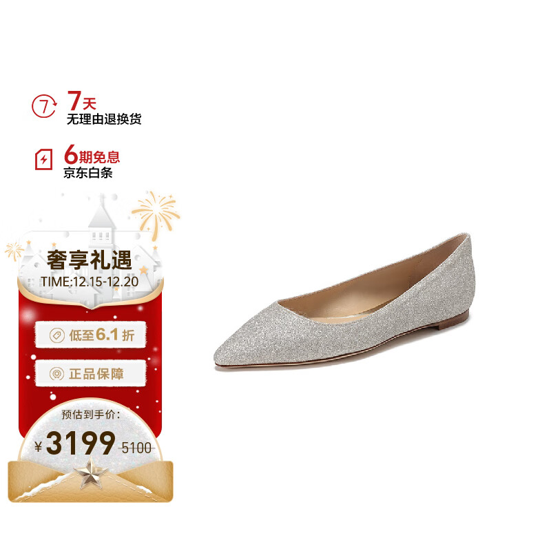 JIMMY CHOO 周仰杰 女士平底鞋冰白金色 ROMY FLAT DGZ 010 PLATINUM ICE 3199元（需用券