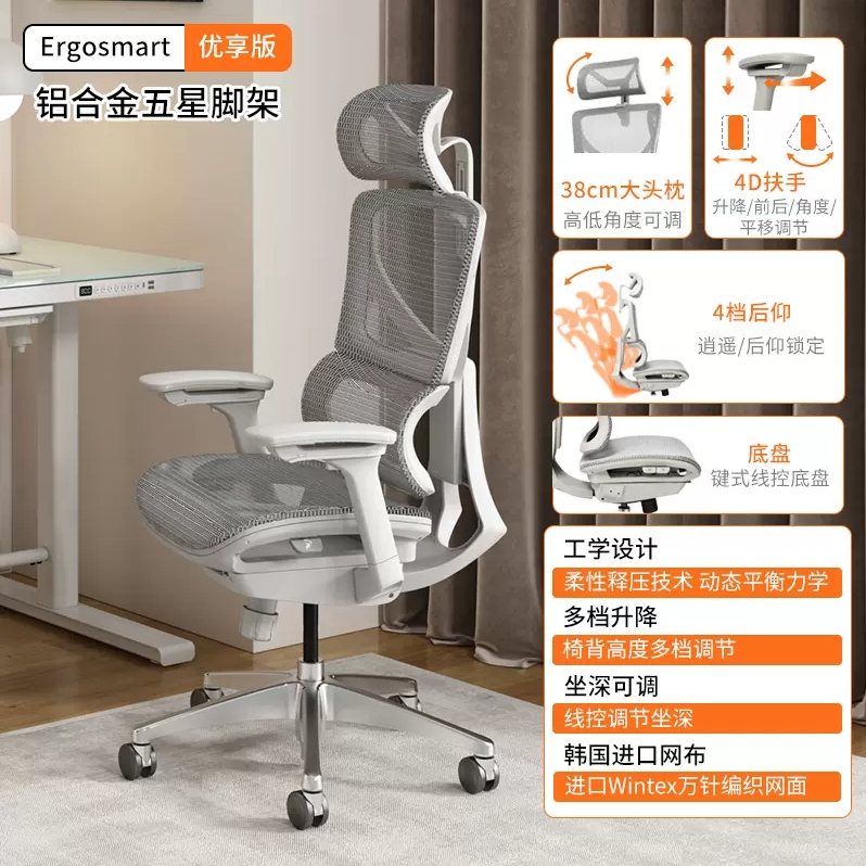 即领即用：DBL 达宝利 Ergosmart优享版 人体工学椅 铝合金五星脚架+灰框银白