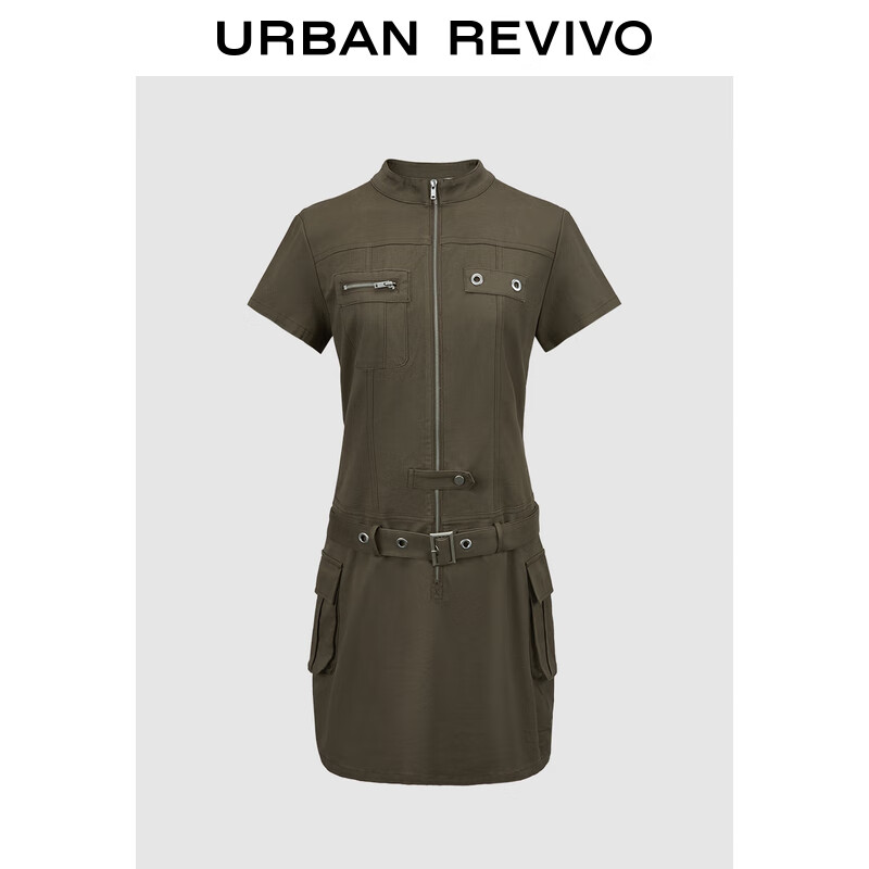 URBAN REVIVO UR2024秋季女装机能工装风口袋腰带短袖连衣裙UYV740003 深红棕 L 349